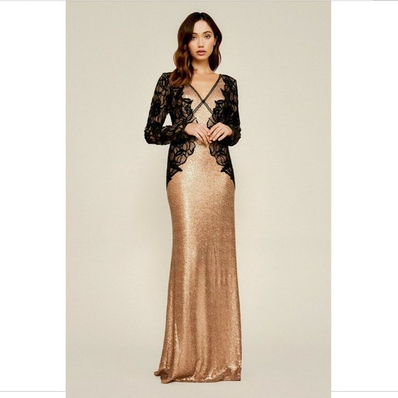 NEW $668 Tadashi Shoji Vulcan Lace Sequin Long Sleeve Gown Copper [SZ‎ 16 ] - Picture 3 of 13